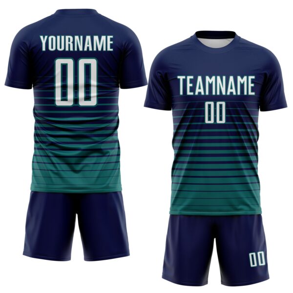 Custom Navy White-Teal Gradient Pinstripe Sublimation Soccer Uniform Jersey