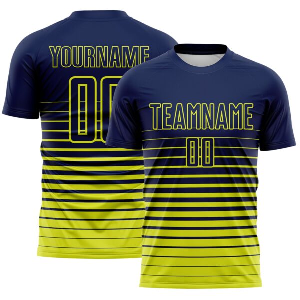 Custom Navy Neon Yellow Gradient Pinstripe Sublimation Soccer Uniform Jersey