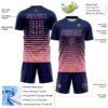 Custom Navy Medium Pink Gradient Pinstripe Sublimation Soccer Uniform Jersey