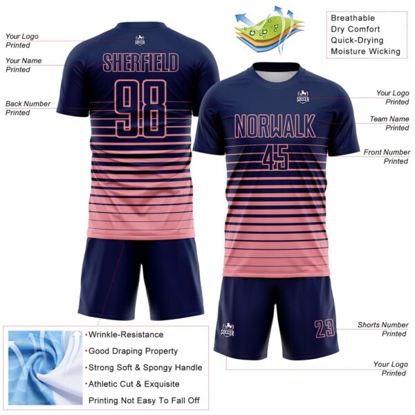 Custom Navy Medium Pink Gradient Pinstripe Sublimation Soccer Uniform Jersey