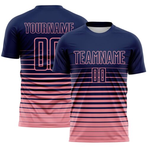Custom Navy Medium Pink Gradient Pinstripe Sublimation Soccer Uniform Jersey