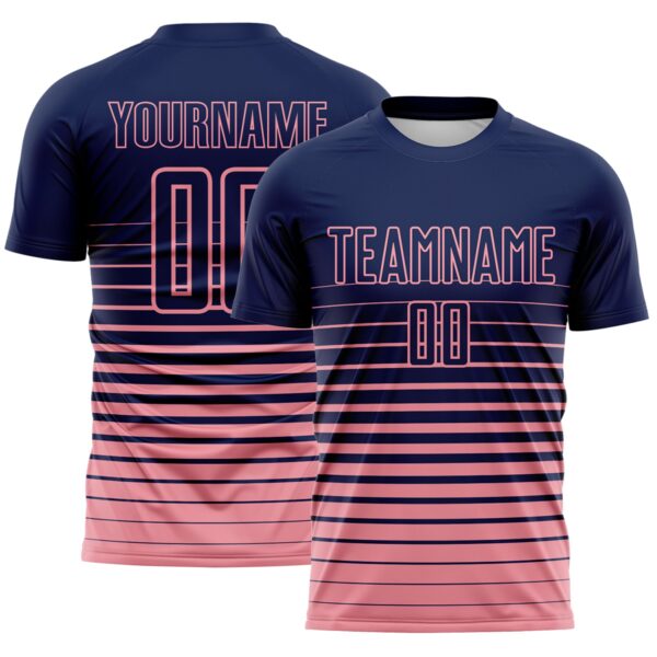 Custom Navy Medium Pink Gradient Pinstripe Sublimation Soccer Uniform Jersey