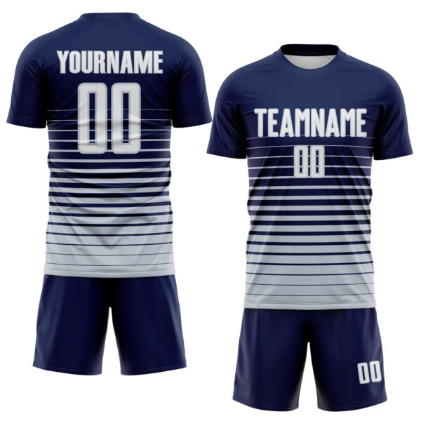 Custom Navy White-Silver Gradient Pinstripe Sublimation Soccer Uniform Jersey