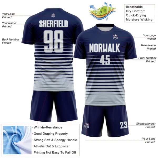 Custom Navy White-Silver Gradient Pinstripe Sublimation Soccer Uniform Jersey