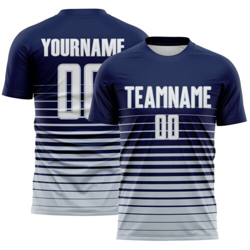 Custom Navy White-Silver Gradient Pinstripe Sublimation Soccer Uniform Jersey
