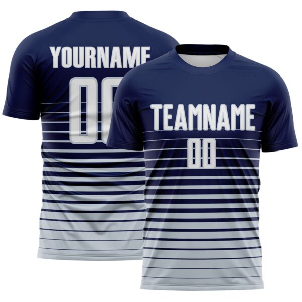 Custom Navy White-Silver Gradient Pinstripe Sublimation Soccer Uniform Jersey