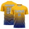 Custom Gold White-Royal Gradient Pinstripe Sublimation Soccer Uniform Jersey