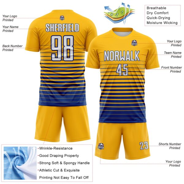 Custom Gold White-Royal Gradient Pinstripe Sublimation Soccer Uniform Jersey