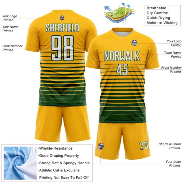 Custom Gold White-Green Gradient Pinstripe Sublimation Soccer Uniform Jersey
