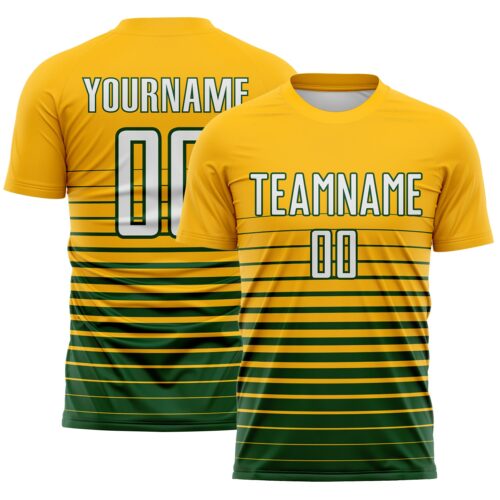 Custom Gold White-Green Gradient Pinstripe Sublimation Soccer Uniform Jersey