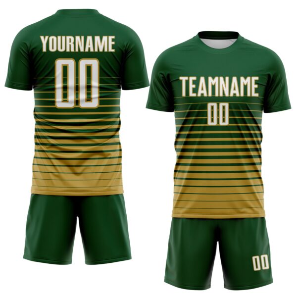 Custom Green White-Old Gold Gradient Pinstripe Sublimation Soccer Uniform Jersey