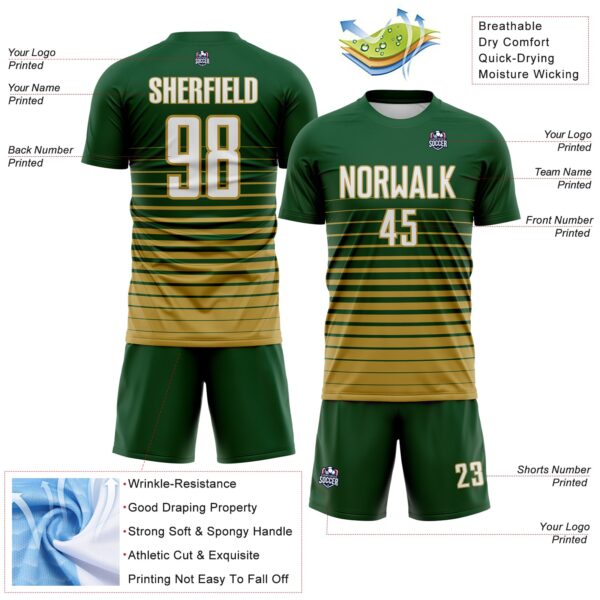 Custom Green White-Old Gold Gradient Pinstripe Sublimation Soccer Uniform Jersey