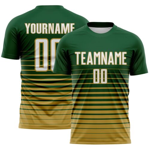 Custom Green White-Old Gold Gradient Pinstripe Sublimation Soccer Uniform Jersey