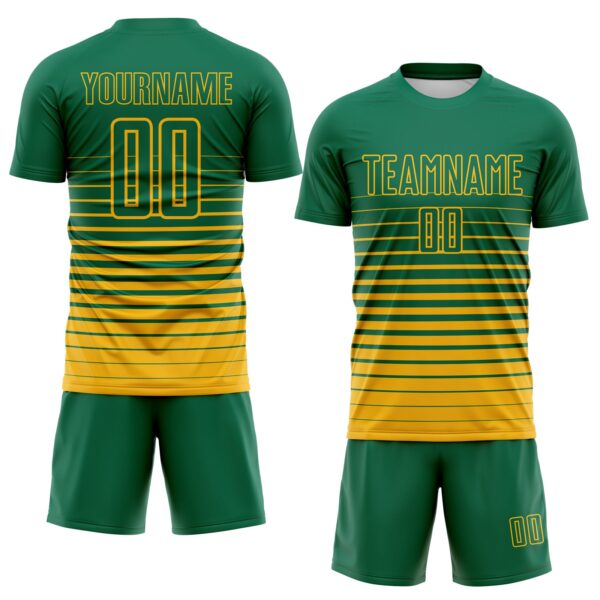 Custom Kelly Green Gold Gradient Pinstripe Sublimation Soccer Uniform Jersey