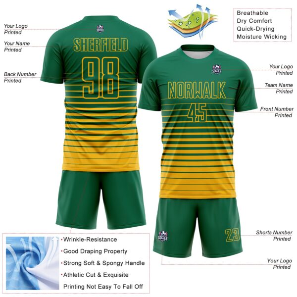Custom Kelly Green Gold Gradient Pinstripe Sublimation Soccer Uniform Jersey