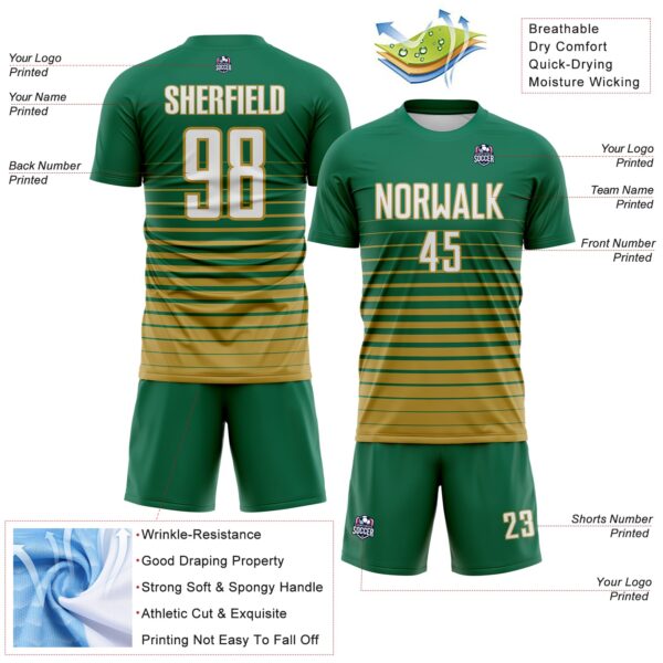 Custom Kelly Green White-Old Gold Gradient Pinstripe Sublimation Soccer Uniform Jersey