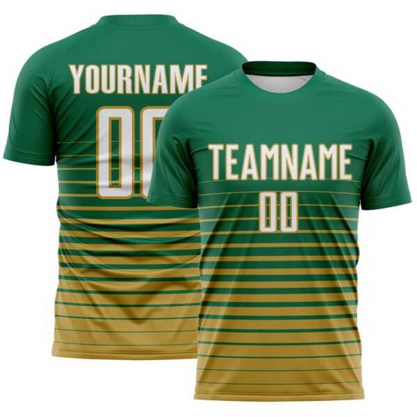 Custom Kelly Green White-Old Gold Gradient Pinstripe Sublimation Soccer Uniform Jersey