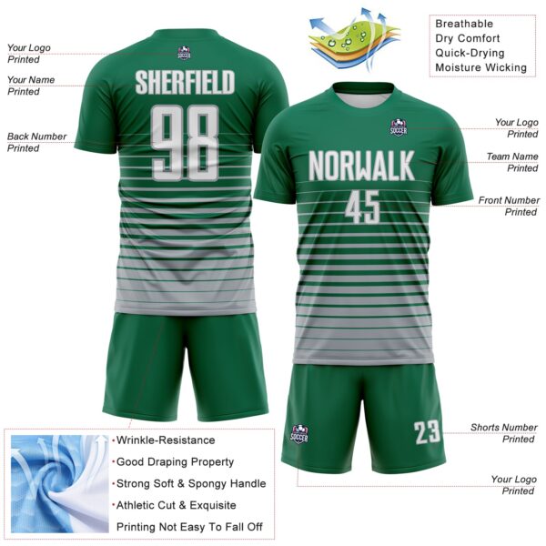 Custom Kelly Green White-Gray Gradient Pinstripe Sublimation Soccer Uniform Jersey