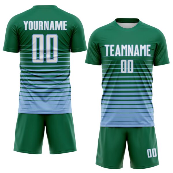 Custom Kelly Green White-Light Blue Gradient Pinstripe Sublimation Soccer Uniform Jersey
