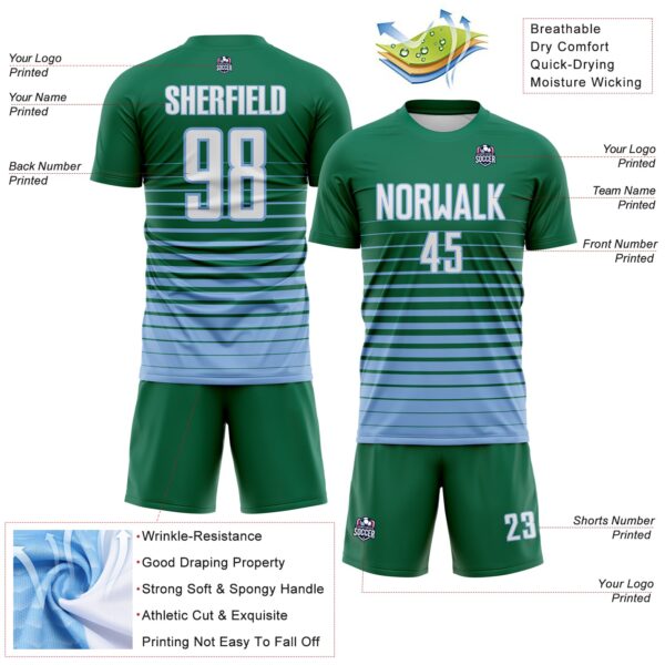 Custom Kelly Green White-Light Blue Gradient Pinstripe Sublimation Soccer Uniform Jersey