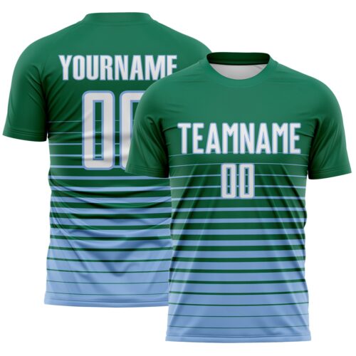 Custom Kelly Green White-Light Blue Gradient Pinstripe Sublimation Soccer Uniform Jersey