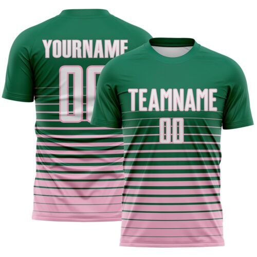 Custom Kelly Green White-Light Pink Gradient Pinstripe Sublimation Soccer Uniform Jersey