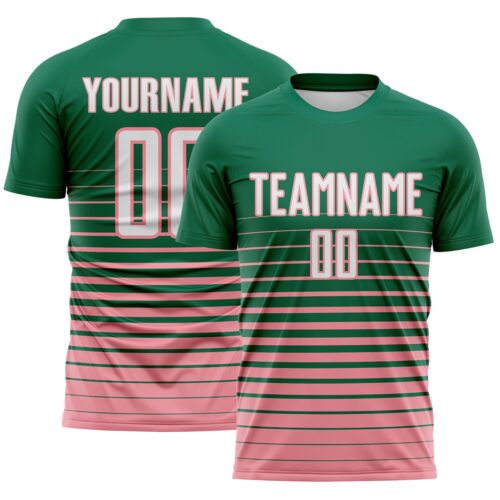 Custom Kelly Green White-Medium Pink Gradient Pinstripe Sublimation Soccer Uniform Jersey
