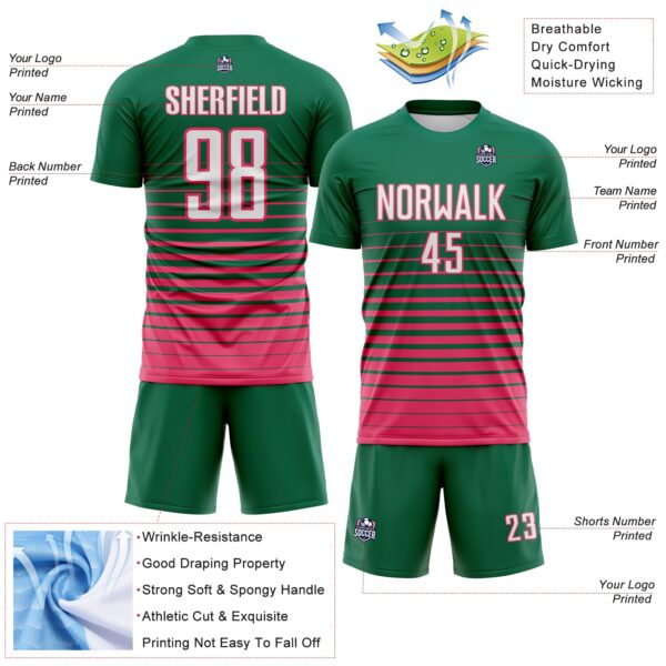 Custom Kelly Green White-Neon Pink Gradient Pinstripe Sublimation Soccer Uniform Jersey