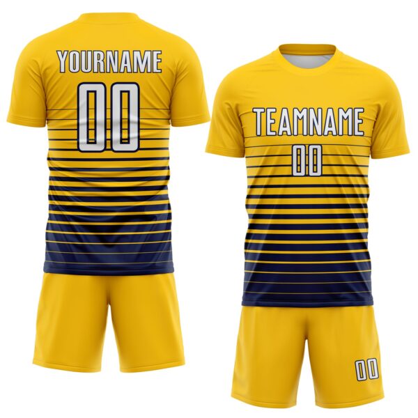 Custom Yellow White-Navy Gradient Pinstripe Sublimation Soccer Uniform Jersey