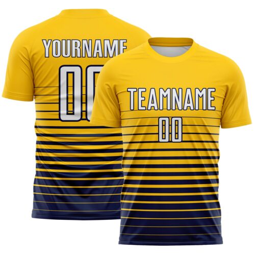 Custom Yellow White-Navy Gradient Pinstripe Sublimation Soccer Uniform Jersey