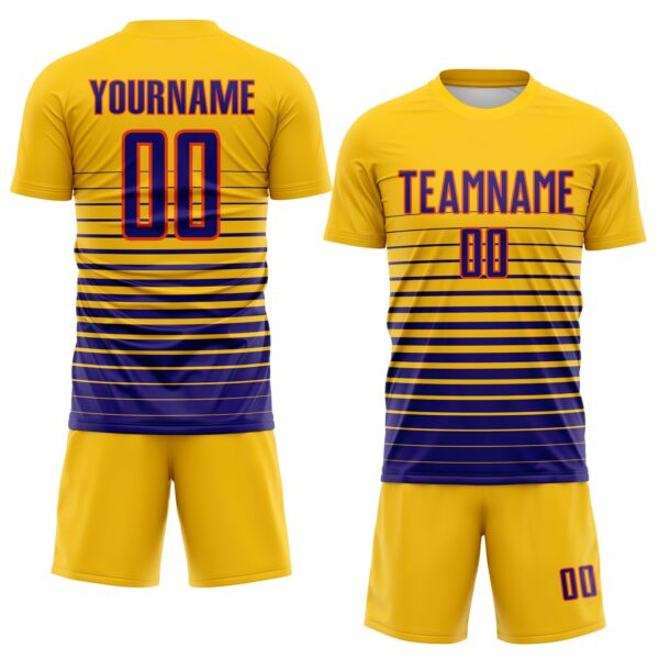 Custom Yellow Dark Purple-Orange Gradient Pinstripe Sublimation Soccer Uniform Jersey