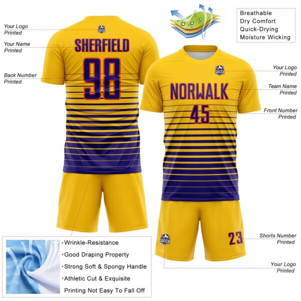 Custom Yellow Dark Purple-Orange Gradient Pinstripe Sublimation Soccer Uniform Jersey