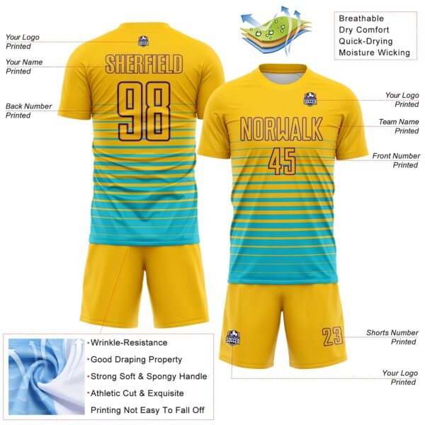 Custom Yellow Purple-Lakes Blue Gradient Pinstripe Sublimation Soccer Uniform Jersey