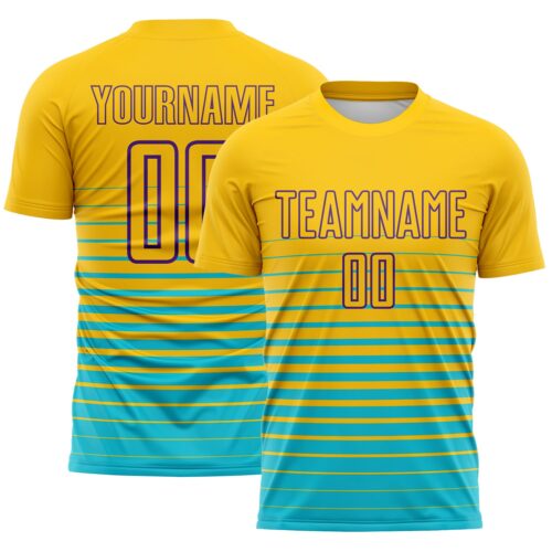 Custom Yellow Purple-Lakes Blue Gradient Pinstripe Sublimation Soccer Uniform Jersey
