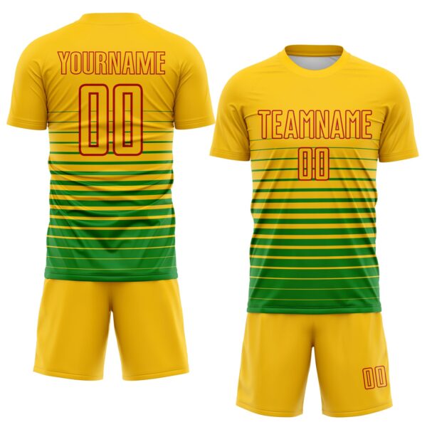 Custom Yellow Red-Grass Green Gradient Pinstripe Sublimation Soccer Uniform Jersey