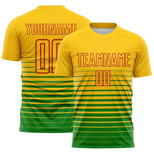 Custom Yellow Red-Grass Green Gradient Pinstripe Sublimation Soccer Uniform Jersey