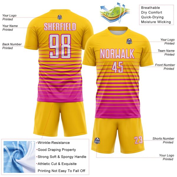 Custom Yellow White-Deep Pink Gradient Pinstripe Sublimation Soccer Uniform Jersey