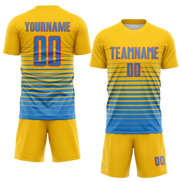 Custom Yellow Powder Blue-Orange Gradient Pinstripe Sublimation Soccer Uniform Jersey