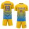 Custom Yellow Powder Blue-Orange Gradient Pinstripe Sublimation Soccer Uniform Jersey