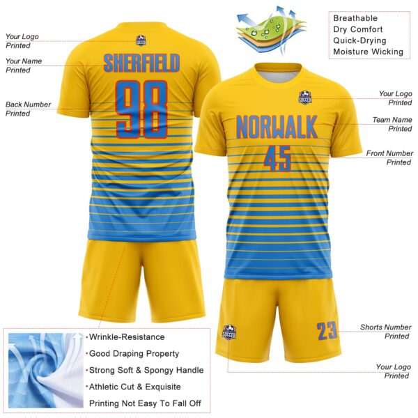 Custom Yellow Powder Blue-Orange Gradient Pinstripe Sublimation Soccer Uniform Jersey