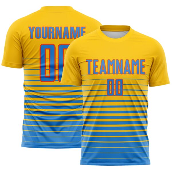 Custom Yellow Powder Blue-Orange Gradient Pinstripe Sublimation Soccer Uniform Jersey