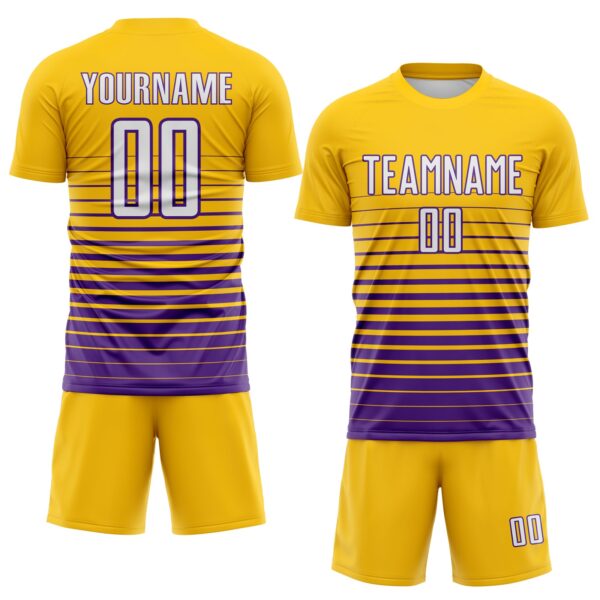 Custom Yellow White-Purple Gradient Pinstripe Sublimation Soccer Uniform Jersey