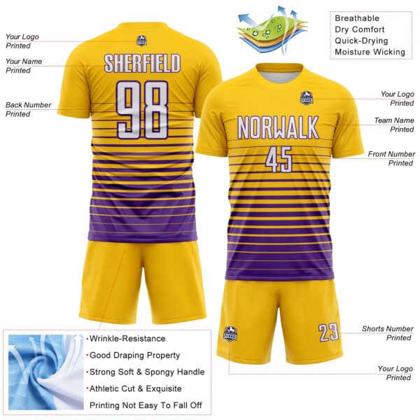 Custom Yellow White-Purple Gradient Pinstripe Sublimation Soccer Uniform Jersey