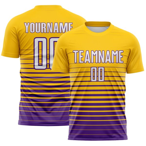 Custom Yellow White-Purple Gradient Pinstripe Sublimation Soccer Uniform Jersey