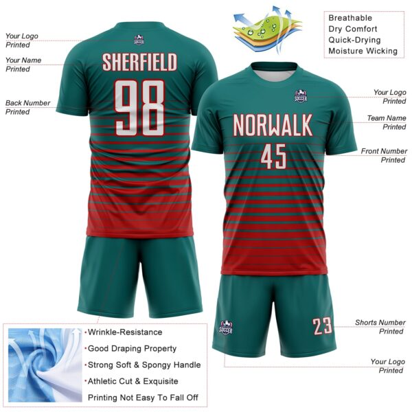 Custom Teal White-Red Gradient Pinstripe Sublimation Soccer Uniform Jersey