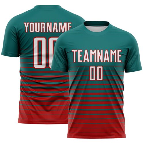 Custom Teal White-Red Gradient Pinstripe Sublimation Soccer Uniform Jersey