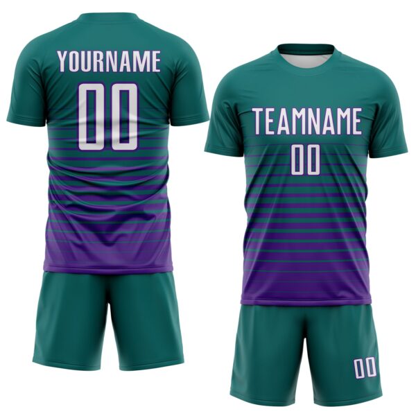 Custom Teal White-Purple Gradient Pinstripe Sublimation Soccer Uniform Jersey