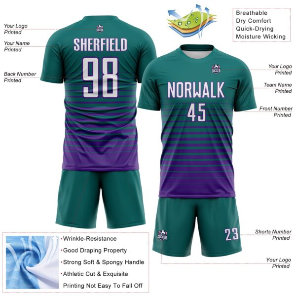 Custom Teal White-Purple Gradient Pinstripe Sublimation Soccer Uniform Jersey
