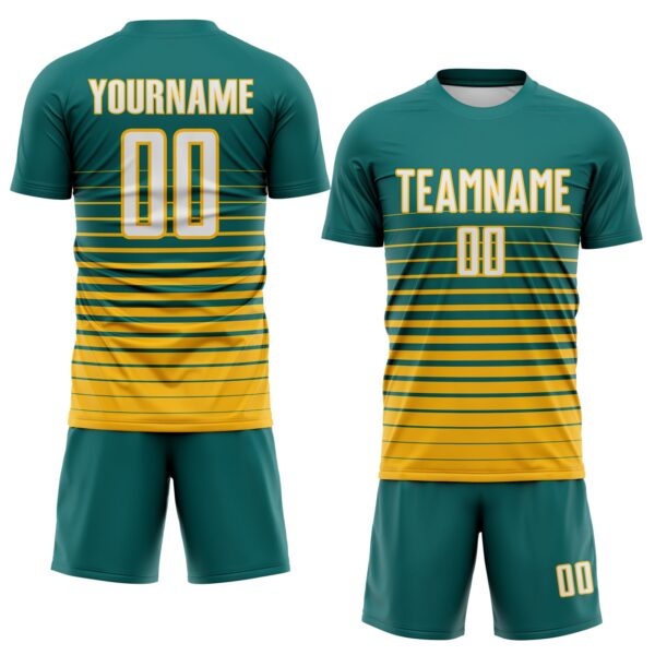 Custom Teal White-Gold Gradient Pinstripe Sublimation Soccer Uniform Jersey