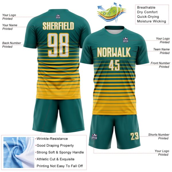 Custom Teal White-Gold Gradient Pinstripe Sublimation Soccer Uniform Jersey